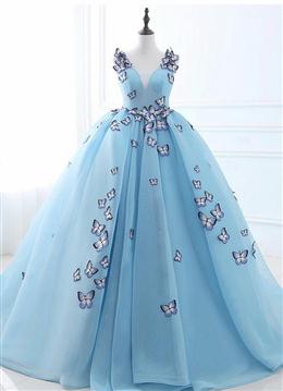 Picture of Blue Tulle Long Party Dresses with butterfly, Gorgeous Sweet 16 Dress